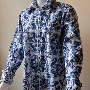 Nina Raynor Delray Beach Linen Blouse Medium Blue White Mediterranean Tile Print